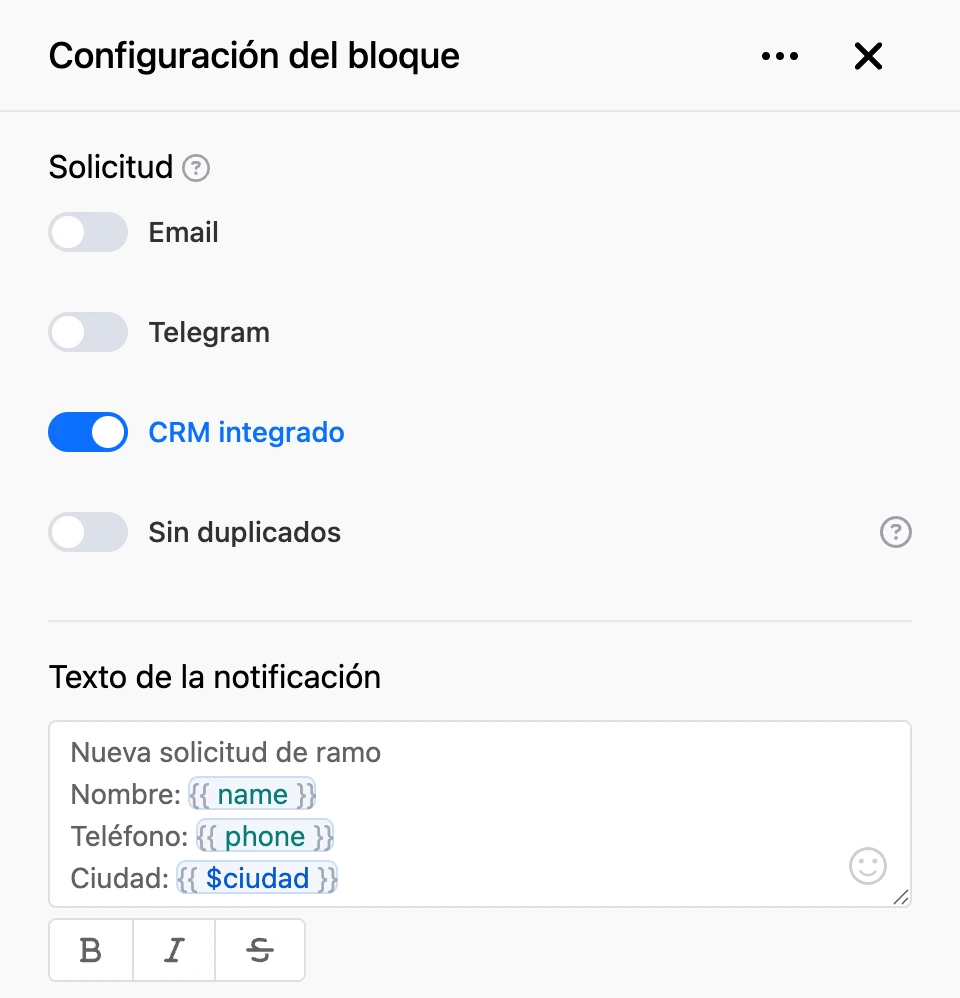 Panel de configuración del bloque «Solicitud»