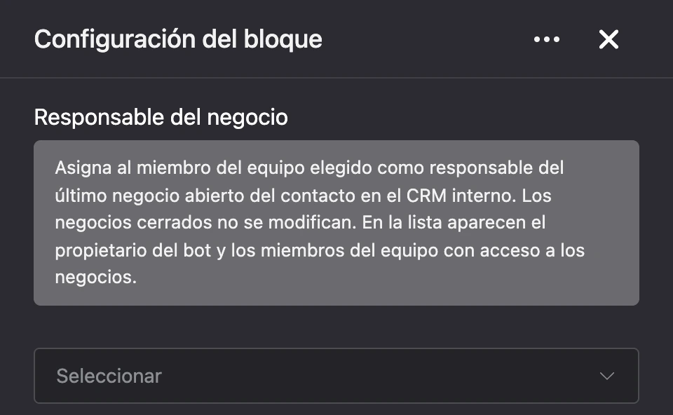 Panel de configuración del bloque «Responsable del negocio»