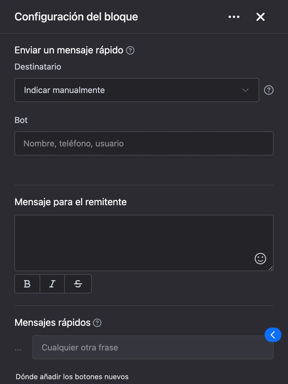 Panel de configuración del bloque «Enviar un mensaje rápido»