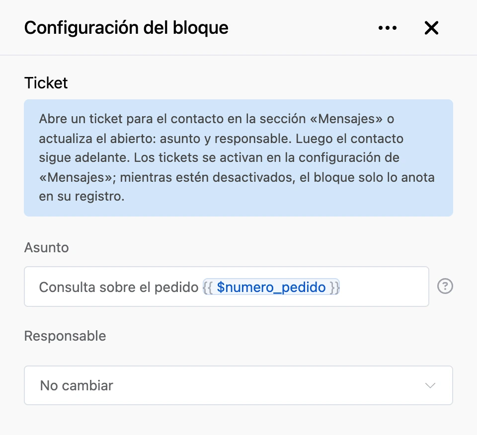 Panel de configuración del bloque «Ticket»