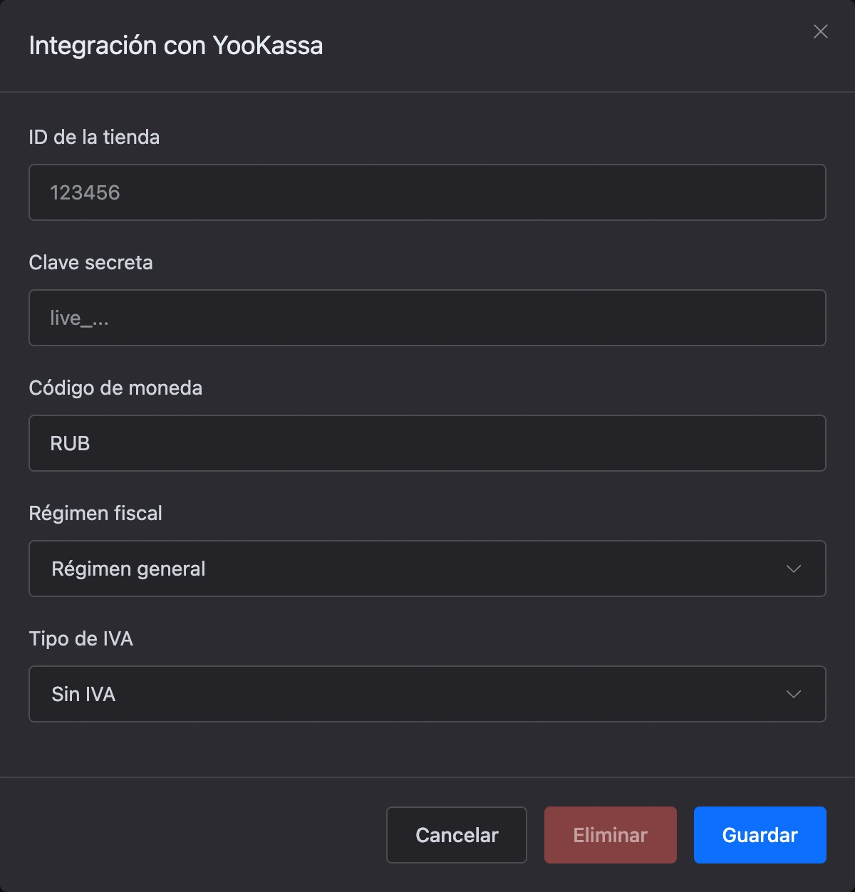 La ventana de conexión de YooKassa en las integraciones del bot: Shop ID, clave secreta, moneda, impuestos
