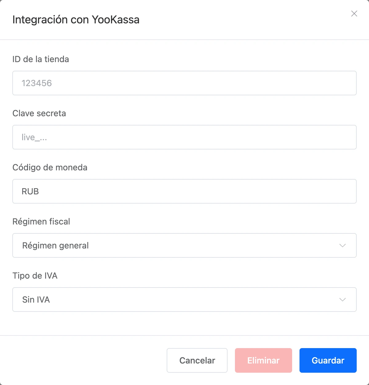 La ventana de conexión de YooKassa en las integraciones del bot: Shop ID, clave secreta, moneda, impuestos