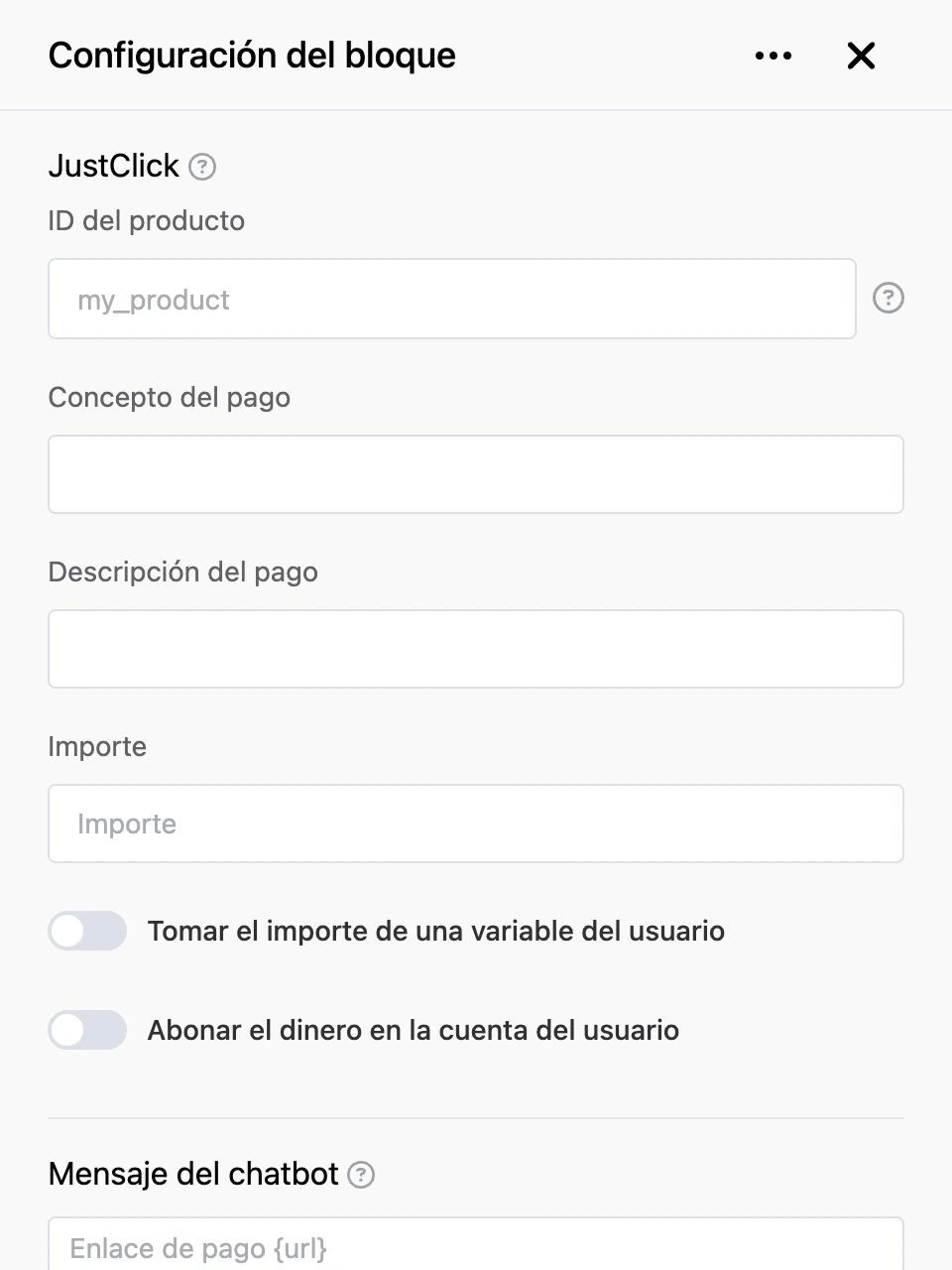 Panel de configuración del bloque «JustClick»