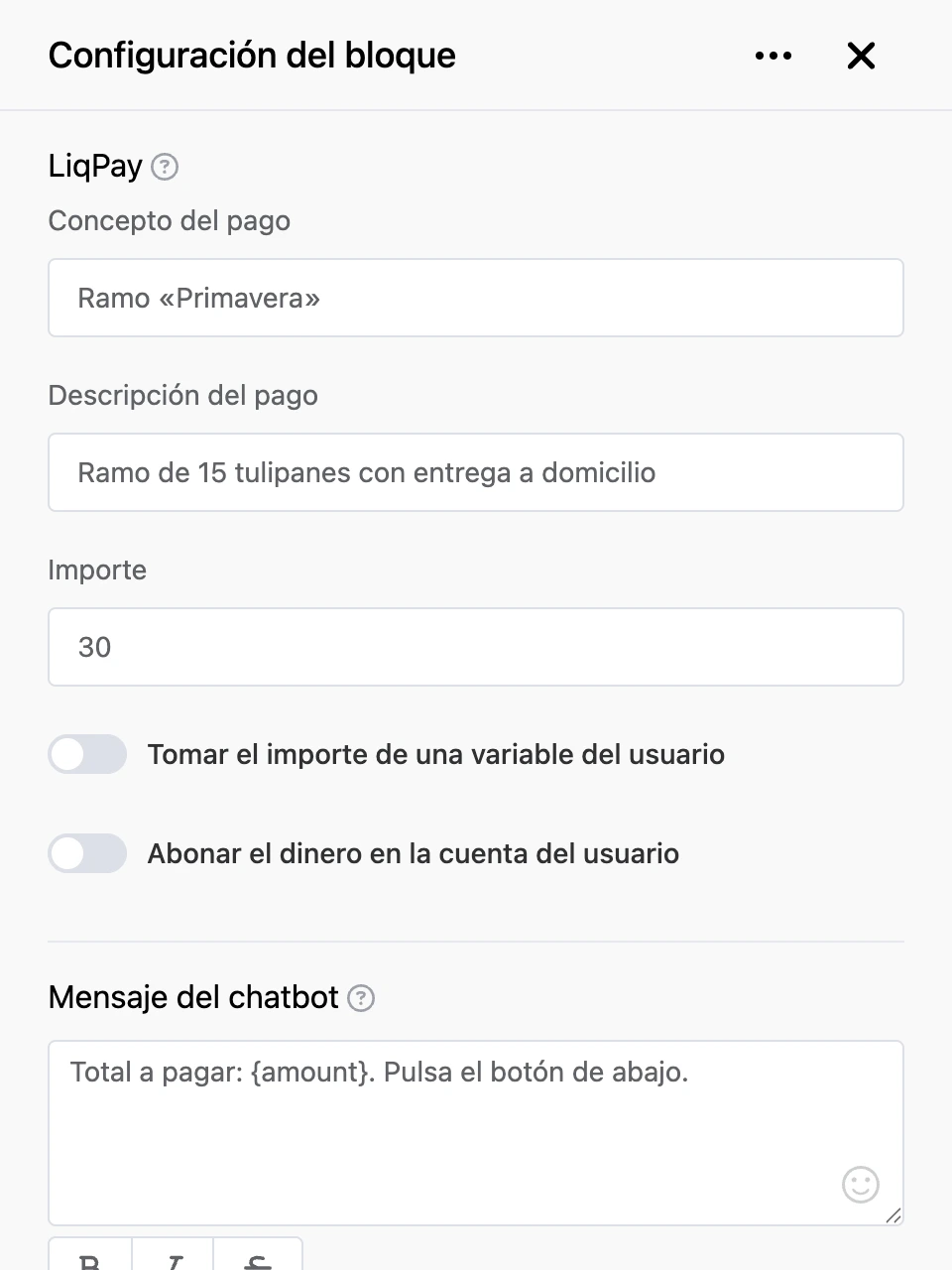 Panel de configuración del bloque «LiqPay»