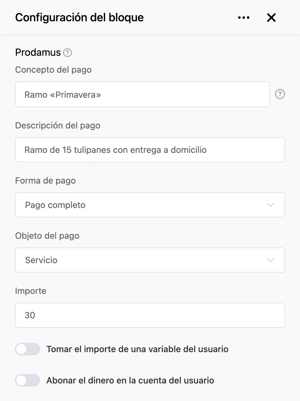 Panel de configuración del bloque «Prodamus»