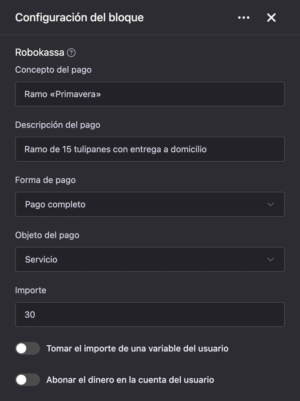 Panel de configuración del bloque «Robokassa»