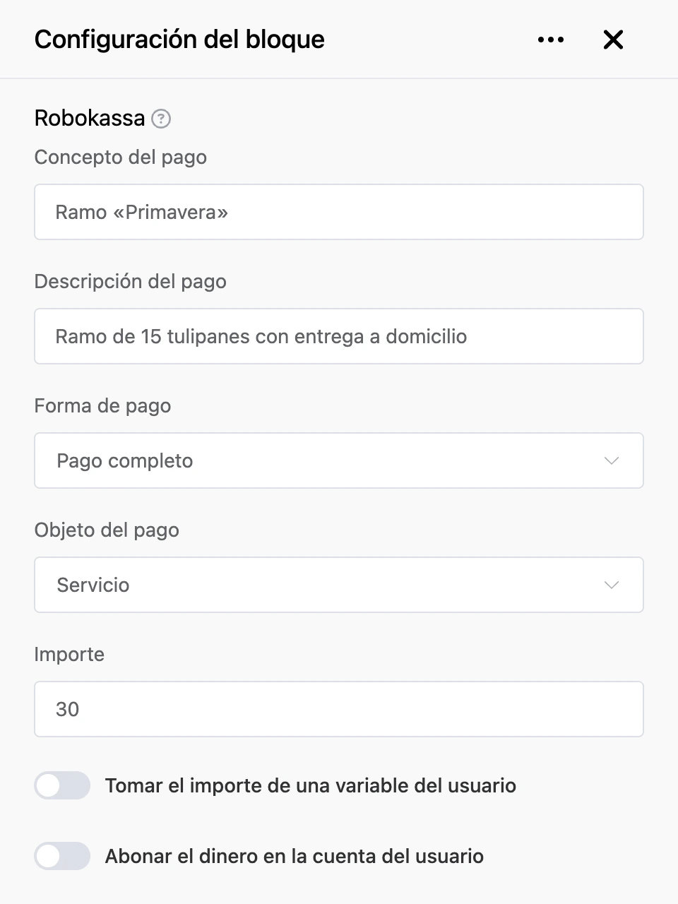 Panel de configuración del bloque «Robokassa»