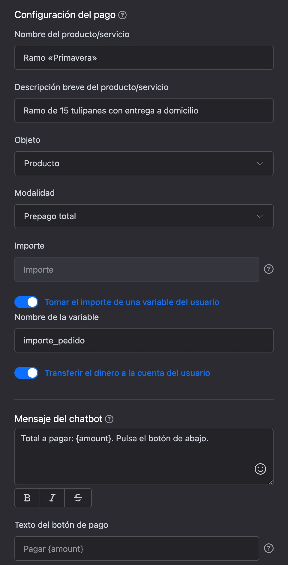 Configuración de un bloque de pago: concepto y descripción, importe desde una variable, abono en la cuenta del contacto, mensaje y botón
