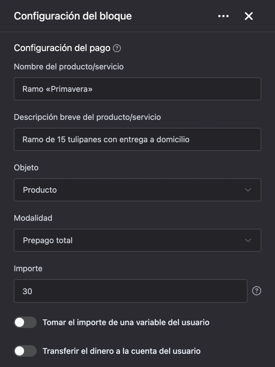 Panel de configuración del bloque «YooKassa»