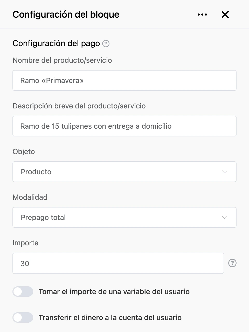Panel de configuración del bloque «YooKassa»