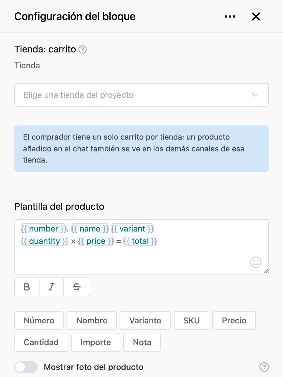 Panel de configuración del bloque «Tienda: carrito»