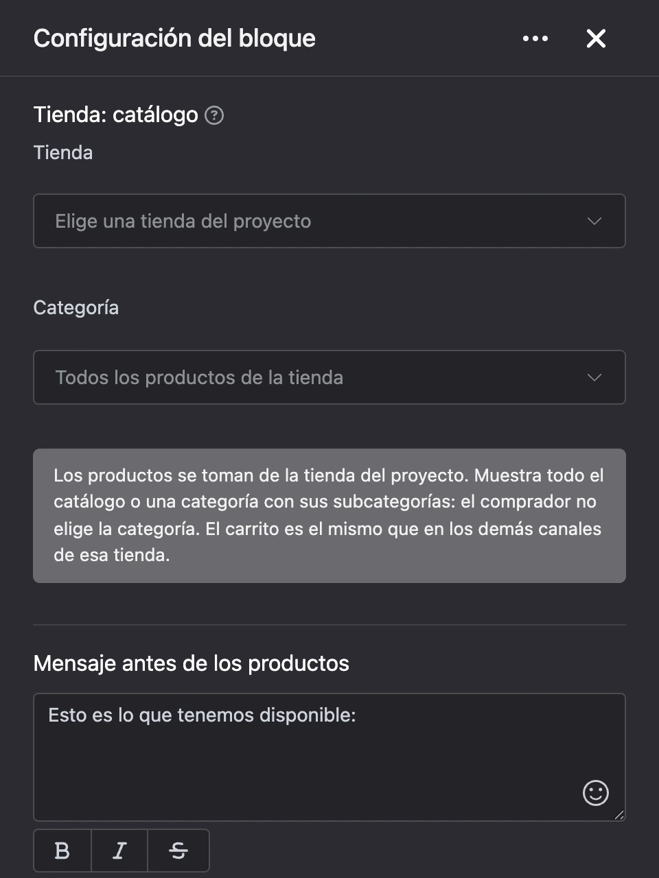Panel de configuración del bloque «Tienda: catálogo»