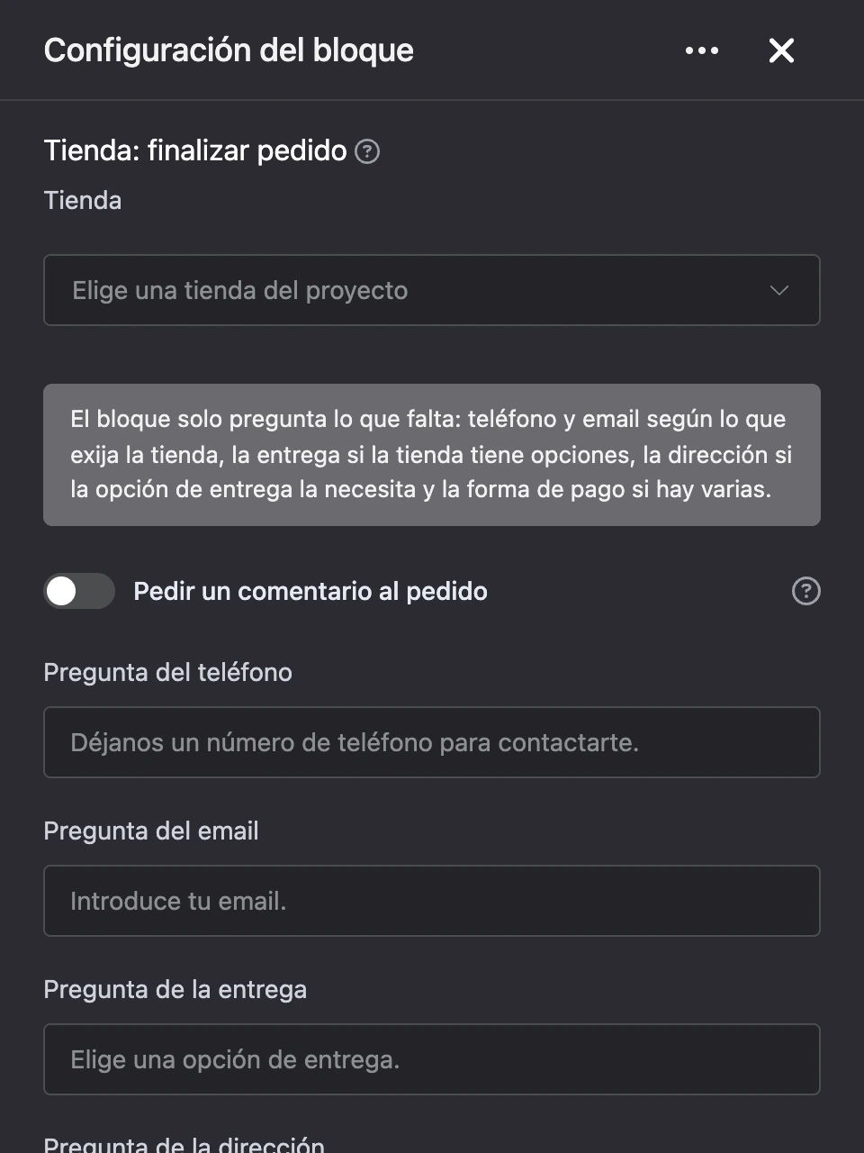 Panel de configuración del bloque «Tienda: finalizar pedido»