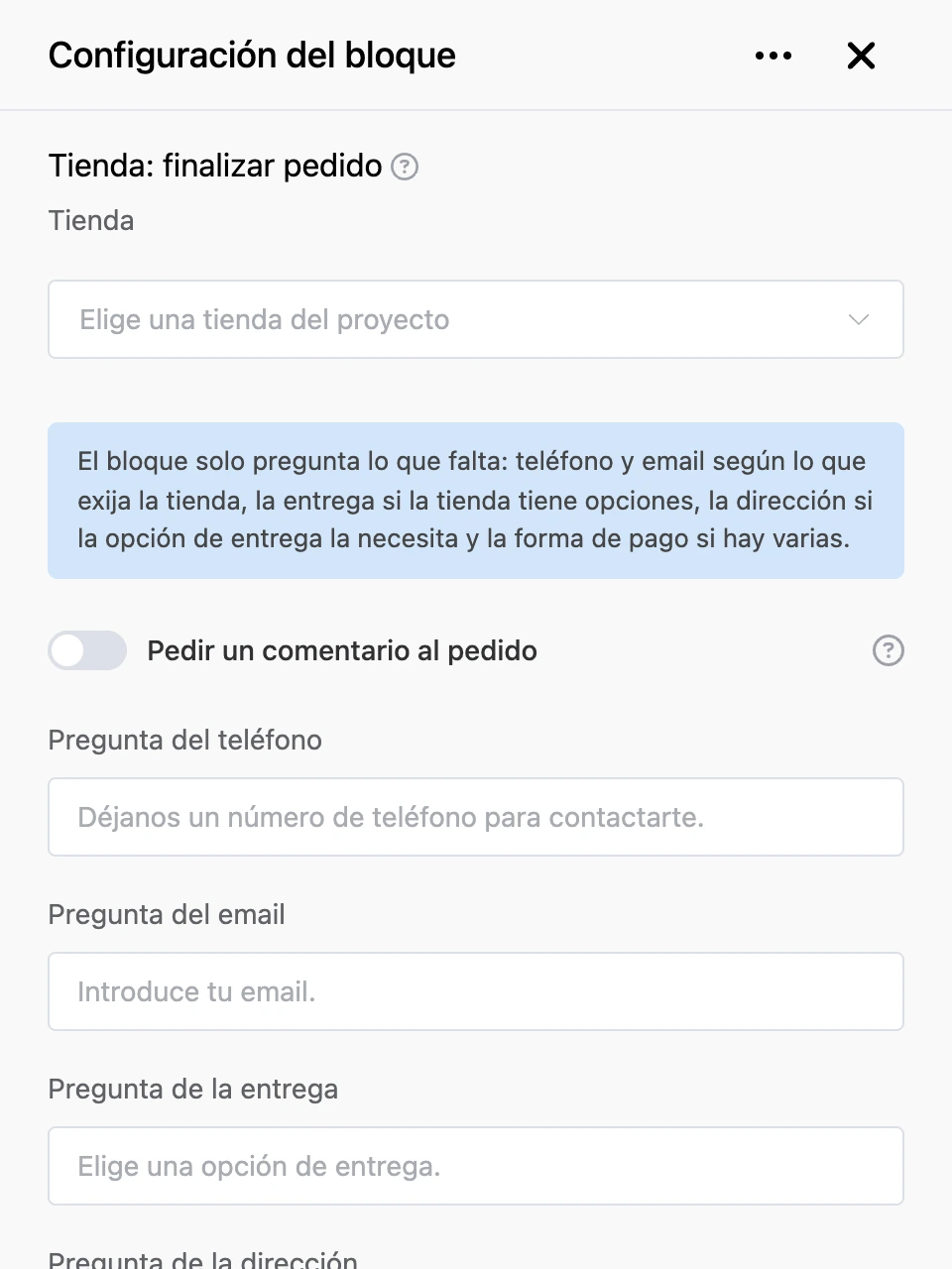 Panel de configuración del bloque «Tienda: finalizar pedido»