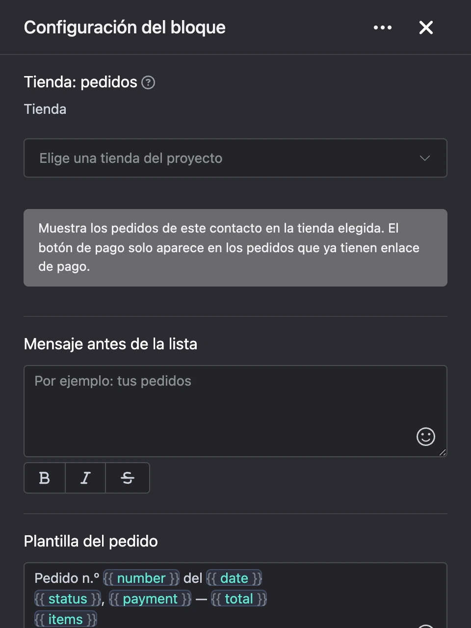 Panel de configuración del bloque «Tienda: pedidos»