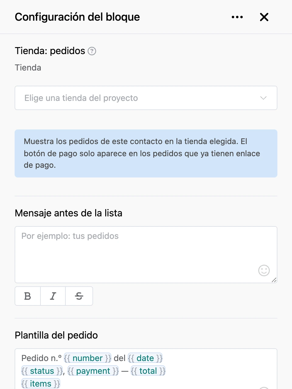 Panel de configuración del bloque «Tienda: pedidos»