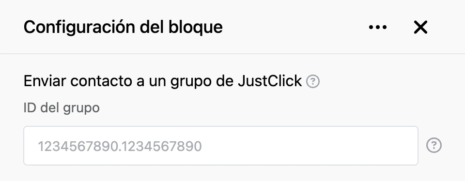 Panel de configuración del bloque «Enviar contacto a un grupo de JustClick»