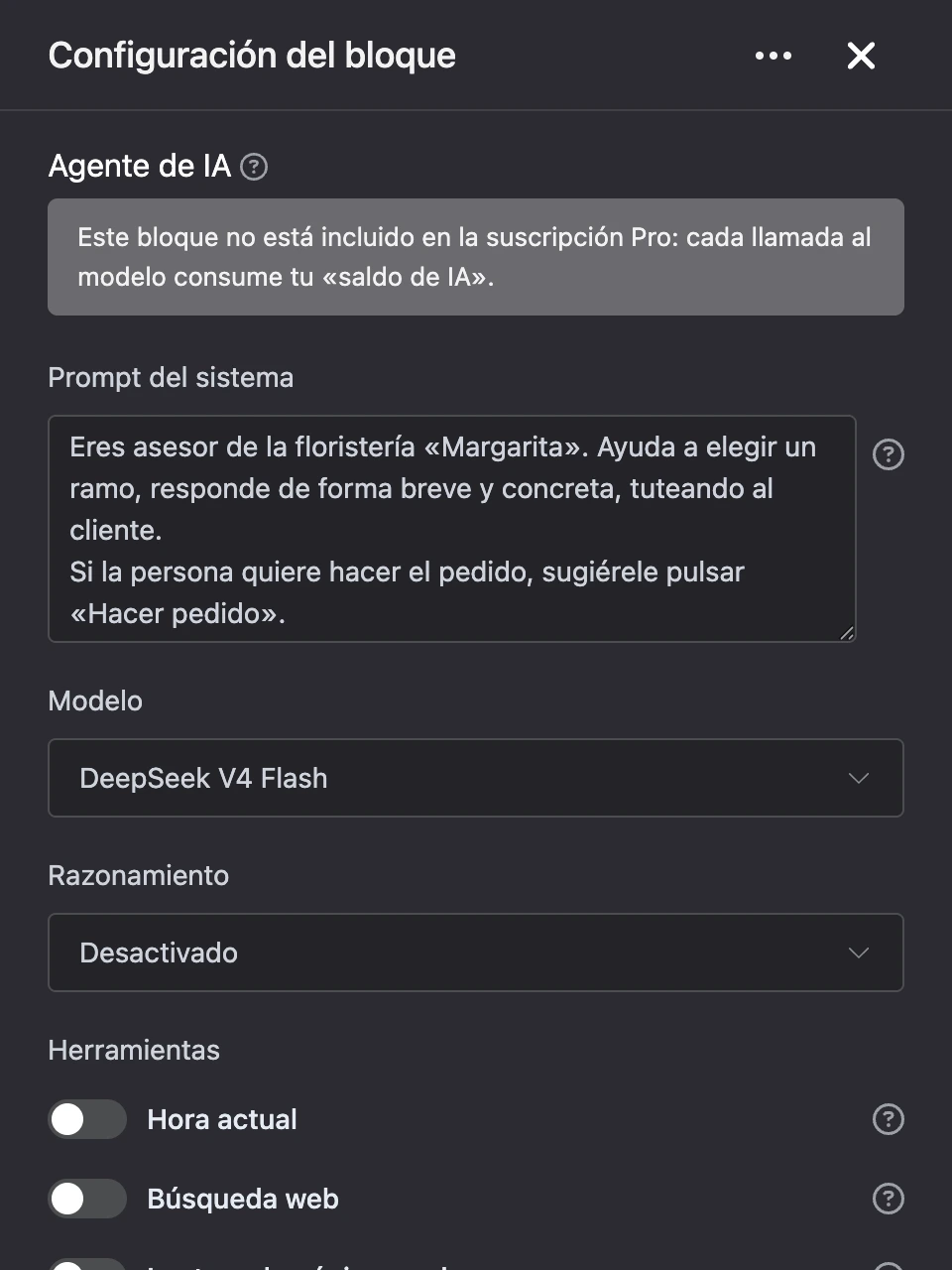 Panel de configuración del bloque «Agente de IA»: prompt del sistema, modelo y herramientas