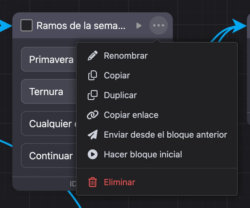 El menú «⋯» del encabezado del bloque: renombrar, copiar, duplicar, enlace, enviar desde el bloque anterior, bloque inicial, eliminar