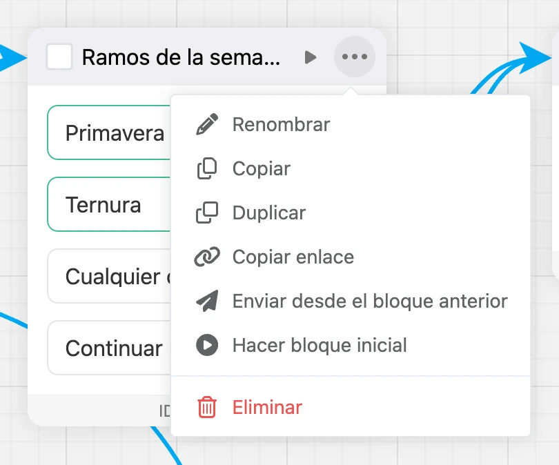 El menú «⋯» del encabezado del bloque: renombrar, copiar, duplicar, enlace, enviar desde el bloque anterior, bloque inicial, eliminar