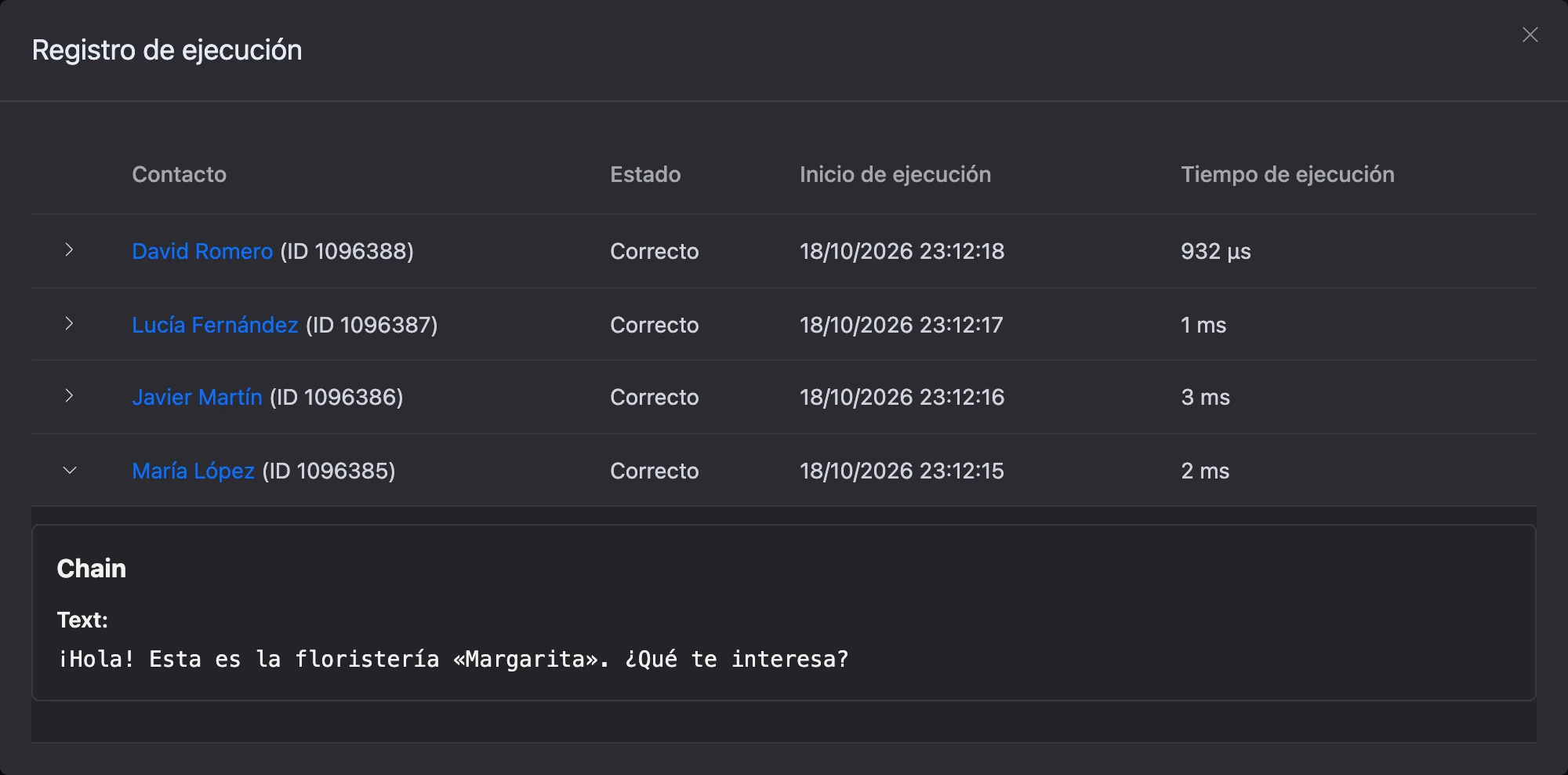 La ventana «Registro de ejecución»: contactos, estado, hora de inicio y duración, una entrada desplegada
