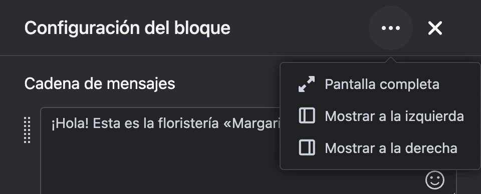 El menú «⋯» del encabezado del panel de configuración: pantalla completa, izquierda, derecha