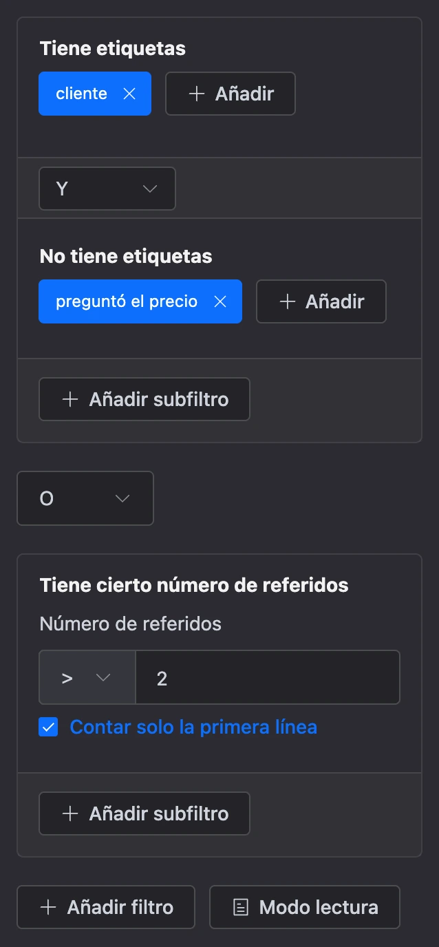 Filtros en modo edición: un grupo de dos condiciones unidas con Y y un segundo grupo unido con O