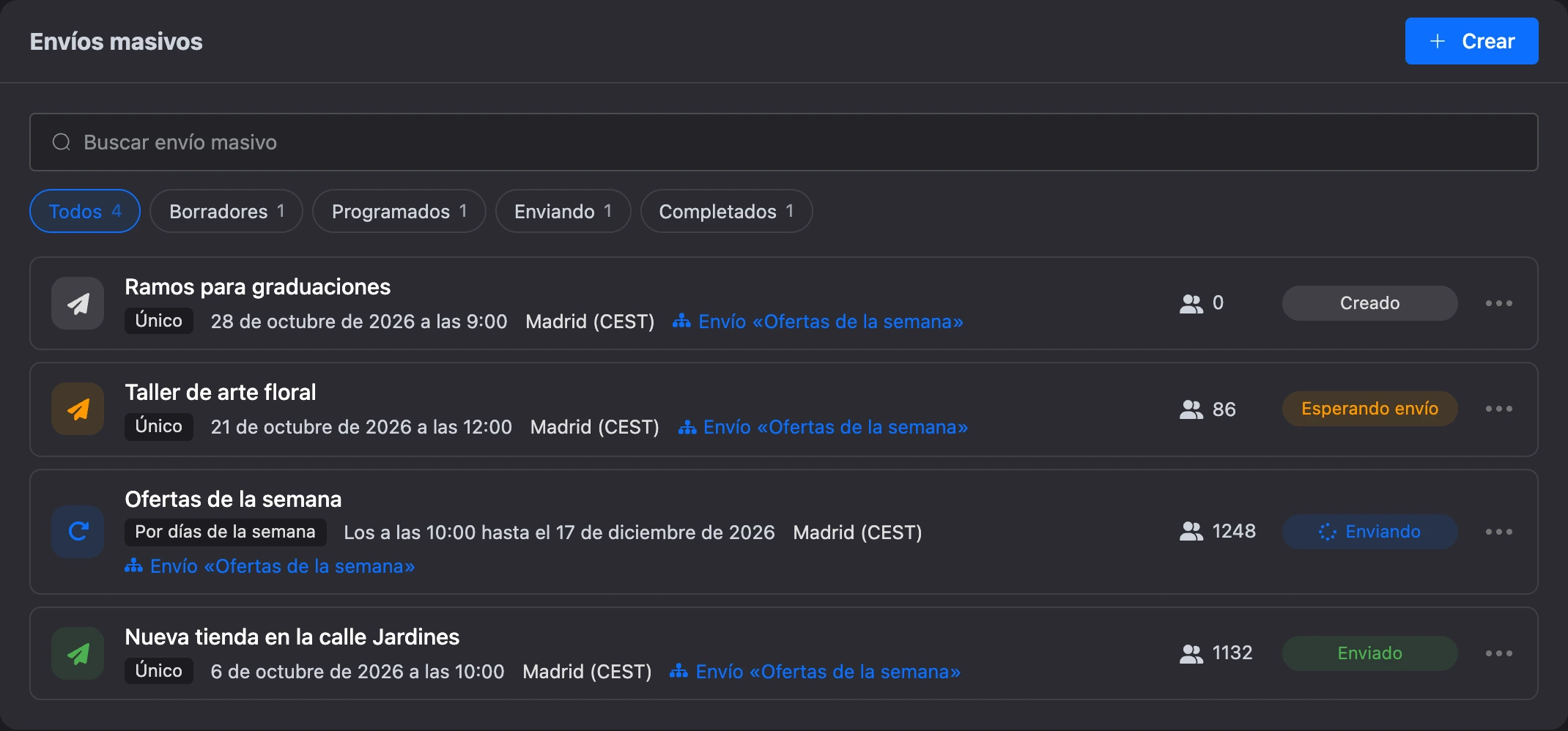Lista de envíos masivos del bot: uno único, uno por días de la semana y uno completado