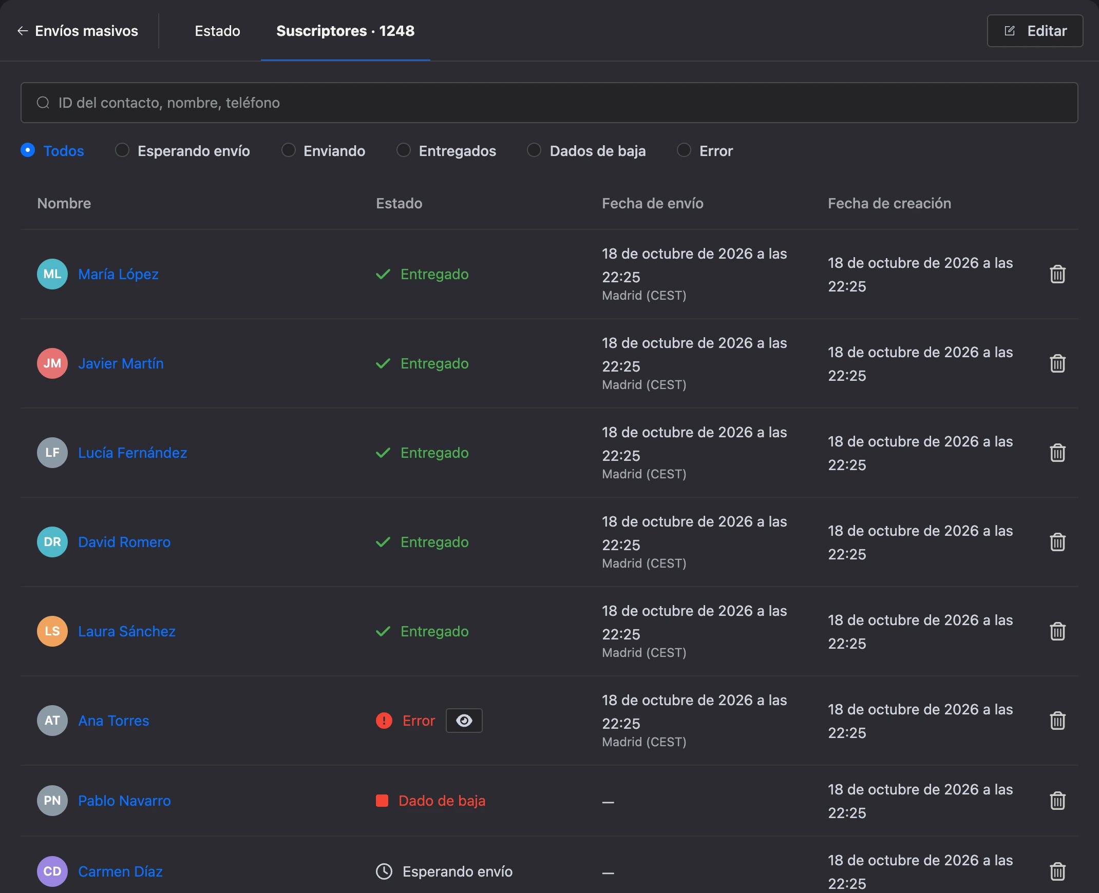 La pestaña «Suscriptores»: búsqueda, filtro por estado, destinatarios con su estado y hora de envío