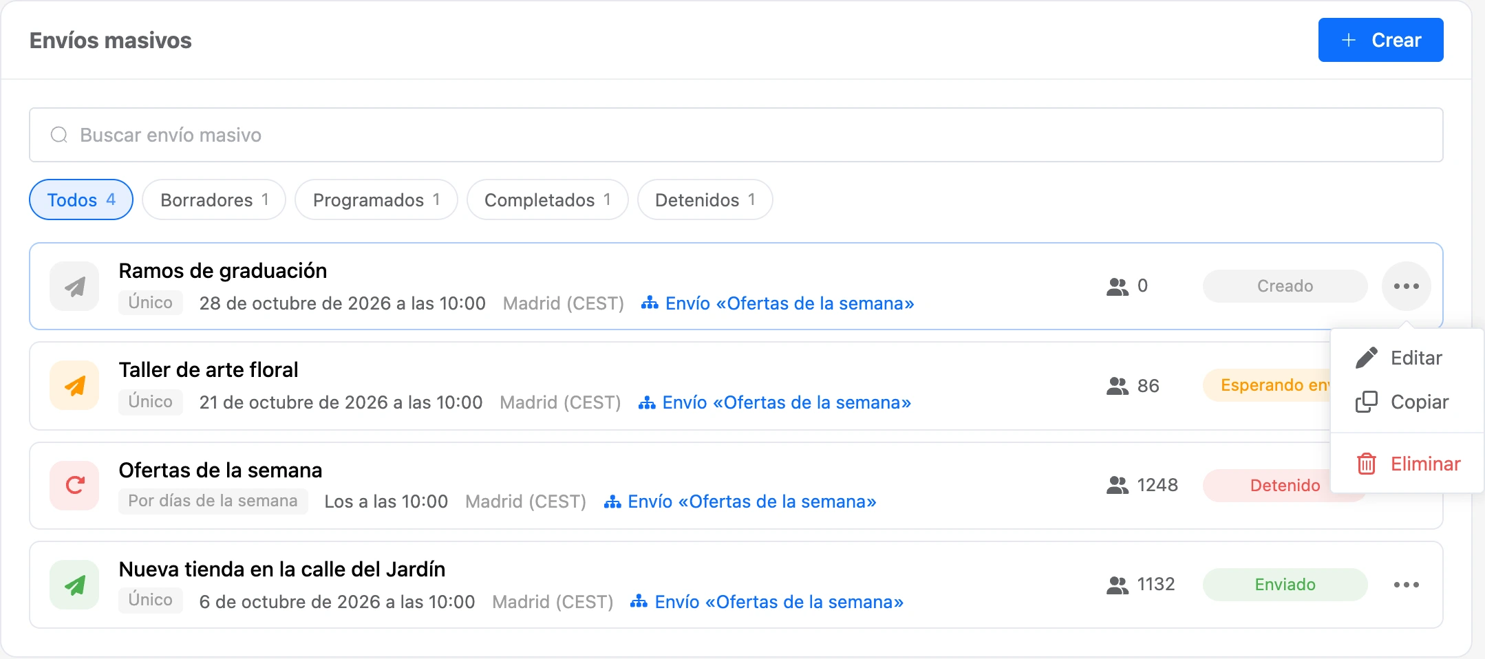 La lista de envíos masivos con el menú «⋯» abierto: editar, copiar, eliminar