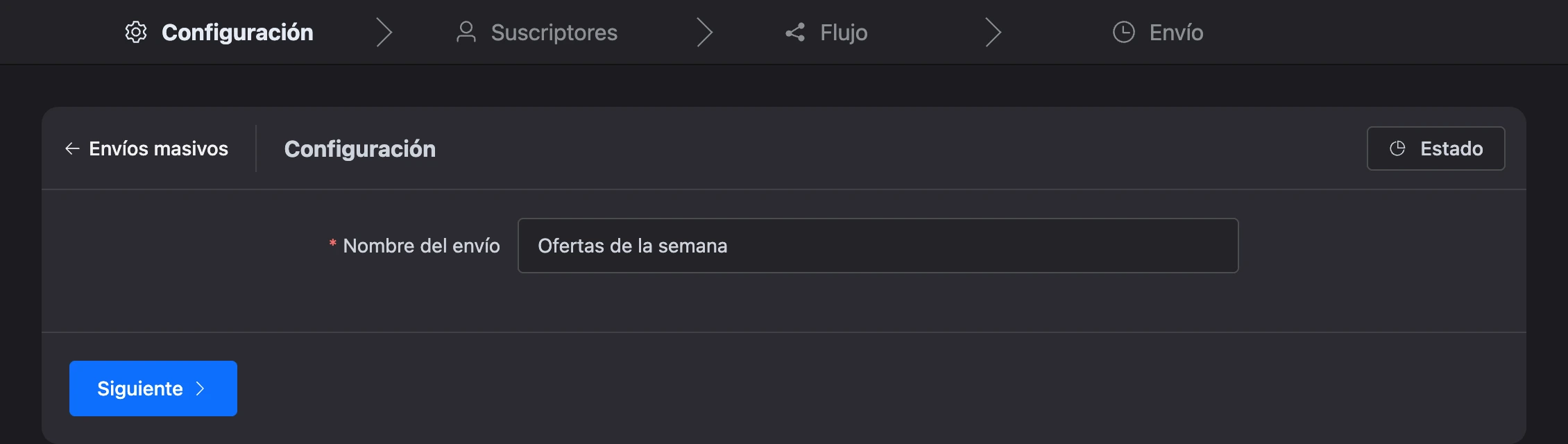 Paso Configuración: el nombre del envío masivo