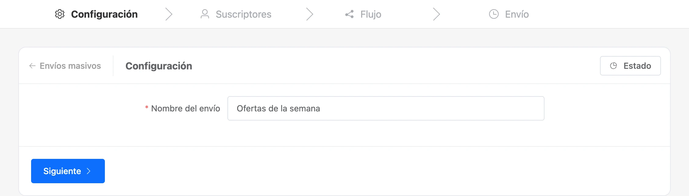 Paso Configuración: el nombre del envío masivo