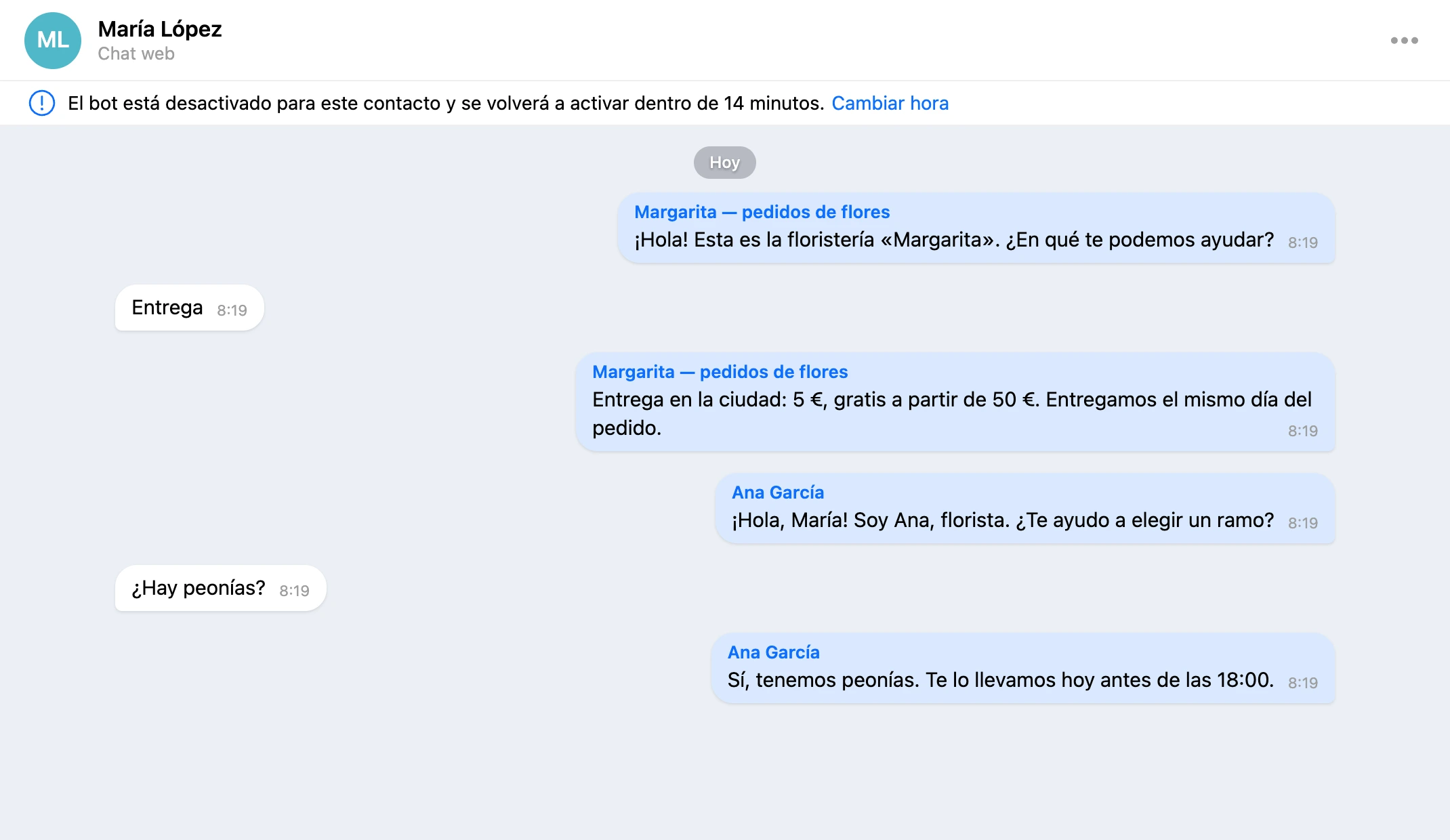 Conversación como burbujas: los mensajes de la persona a la izquierda, las respuestas del bot y de un miembro del equipo a la derecha