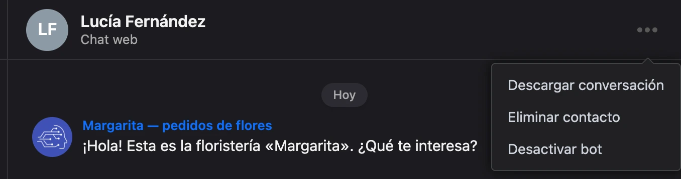 El menú «⋯» del encabezado de la conversación: descargar conversación, eliminar contacto, desactivar bot