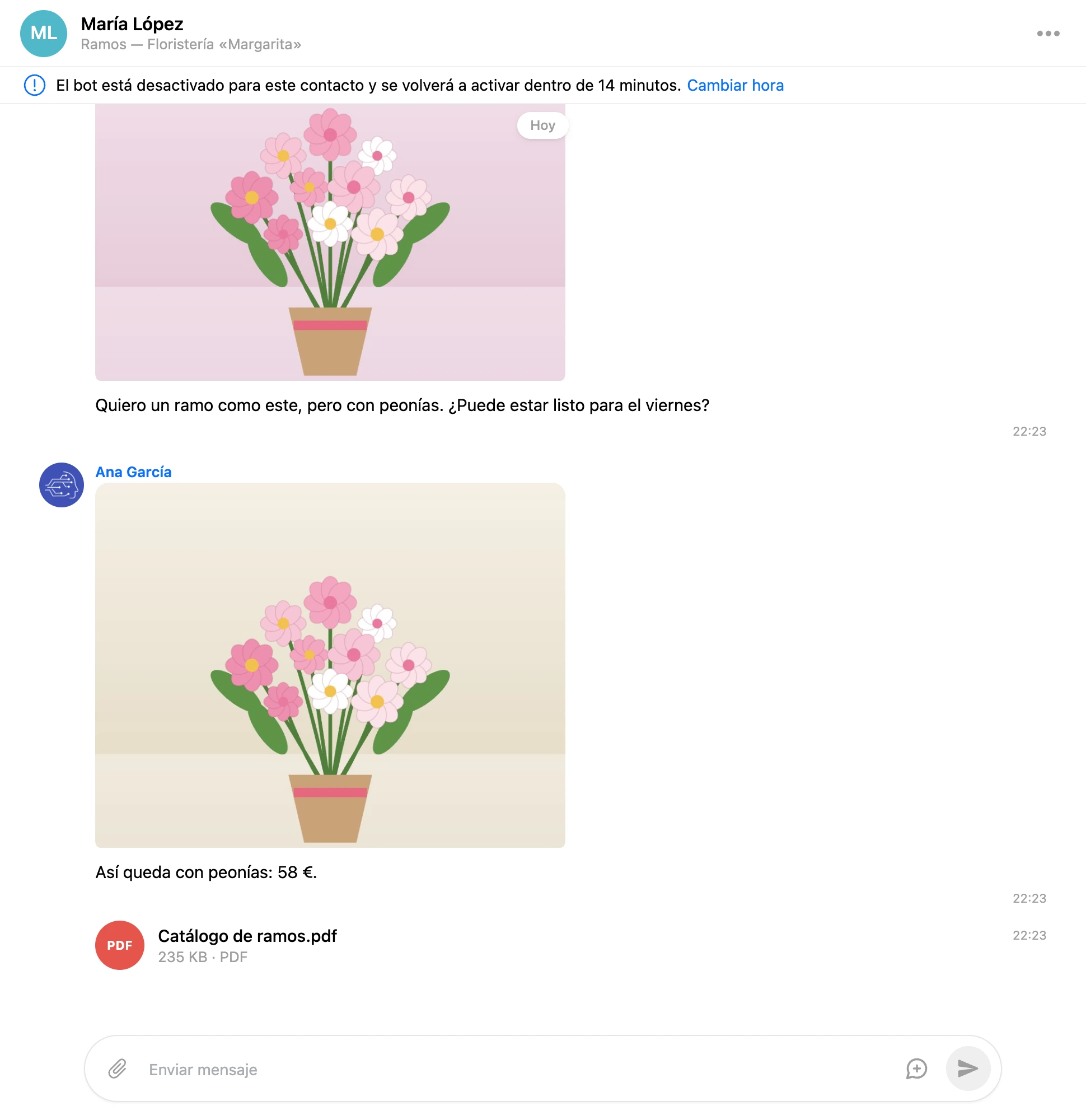 Una conversación: el encabezado muestra el nombre del contacto y la página del sitio web; debajo, una foto de la persona y una foto y un archivo de un miembro del equipo
