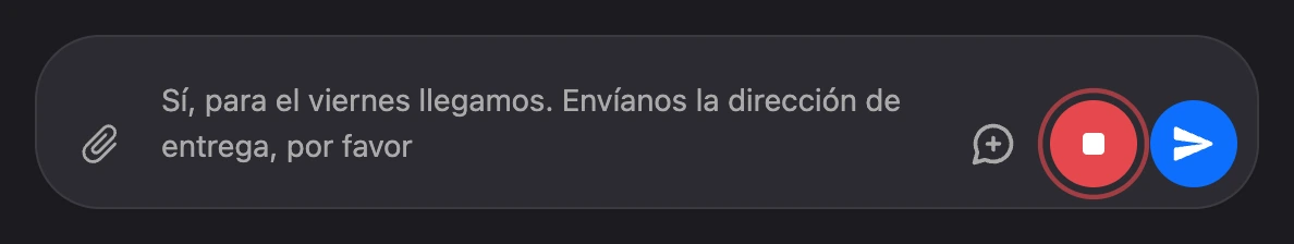 Dictado: el texto en el campo de entrada y el botón rojo «Detener dictado»