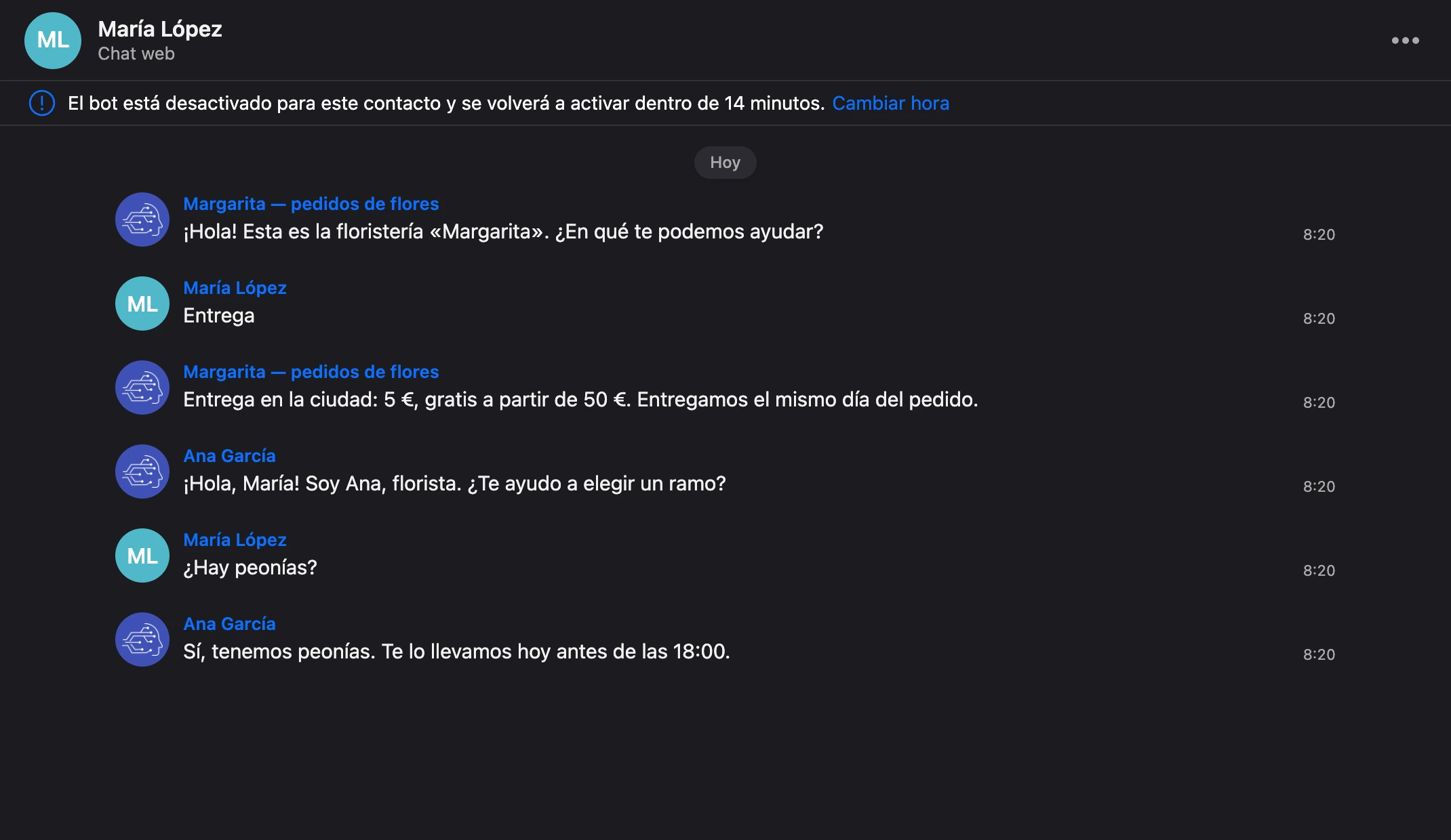 Conversación como lista: cada mensaje muestra el avatar y el nombre del autor