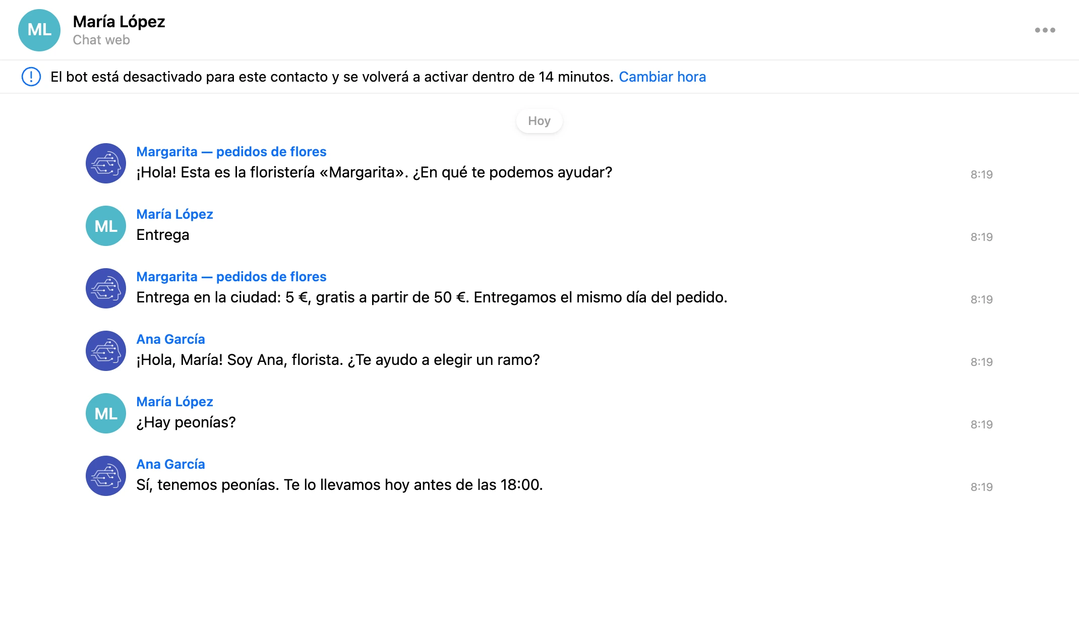 Conversación como lista: cada mensaje muestra el avatar y el nombre del autor