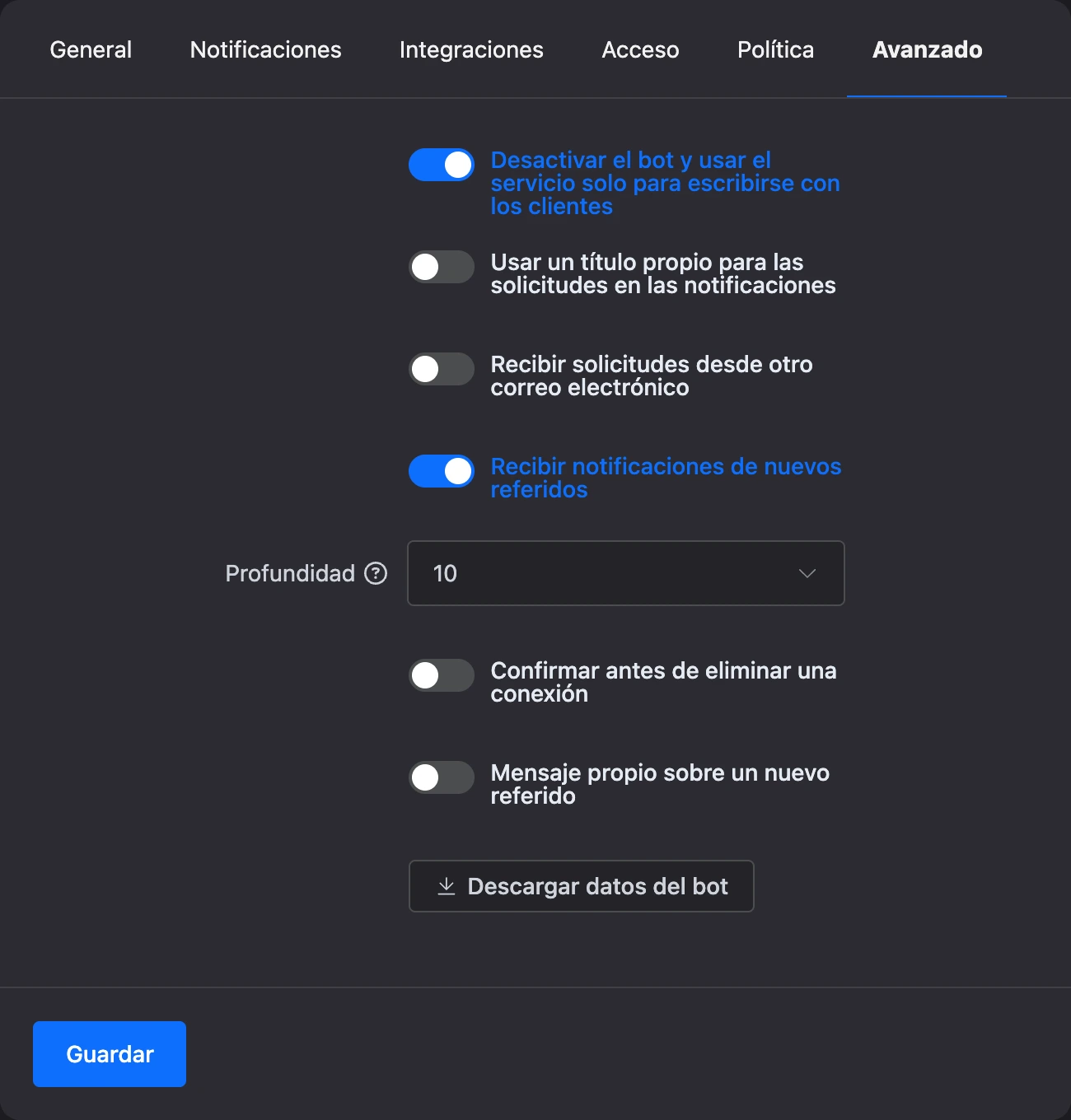 La pestaña «Avanzado» de la configuración del bot: el modo solo conversaciones está activado