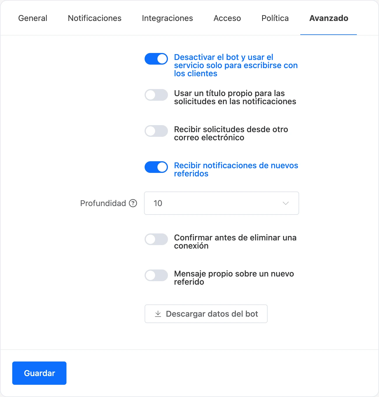 La pestaña «Avanzado» de la configuración del bot: el modo solo conversaciones está activado
