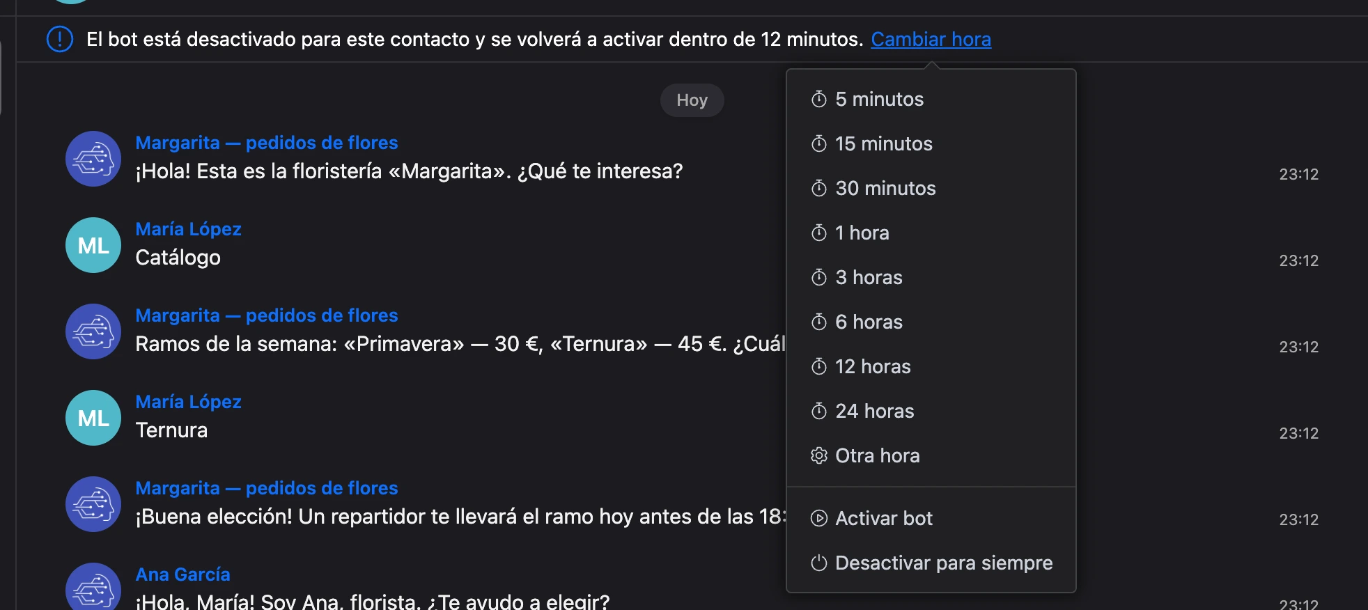 El menú «Cambiar hora»: de 5 minutos a 24 horas, «Otra hora», «Activar bot», «Desactivar para siempre»