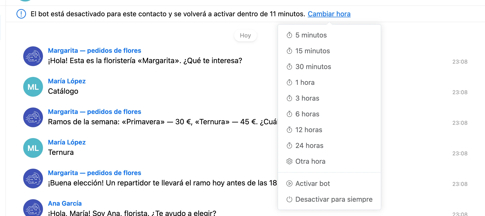 El menú «Cambiar hora»: de 5 minutos a 24 horas, «Otra hora», «Activar bot», «Desactivar para siempre»