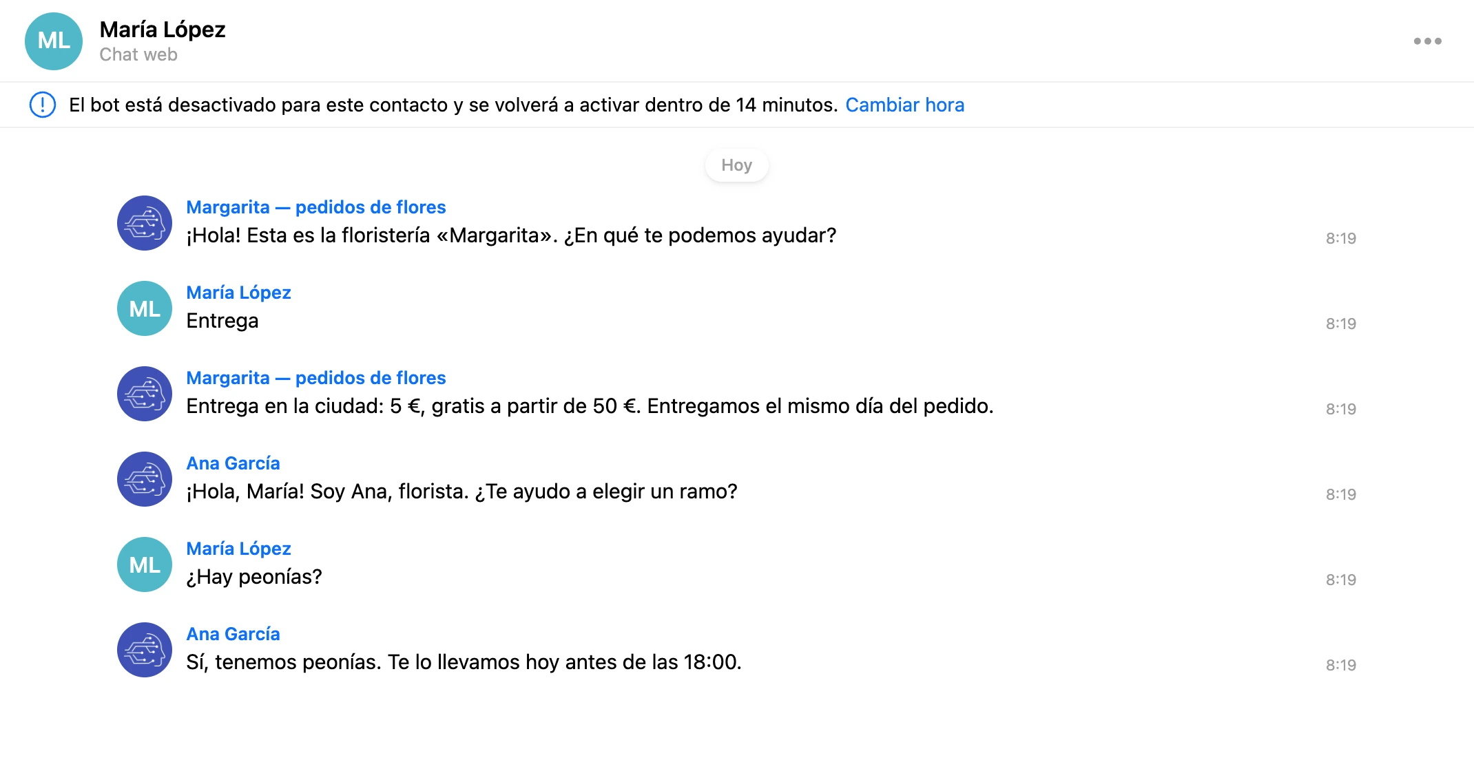 Aviso de pausa encima de la conversación: el bot está desactivado para el contacto, con un enlace para cambiar la hora