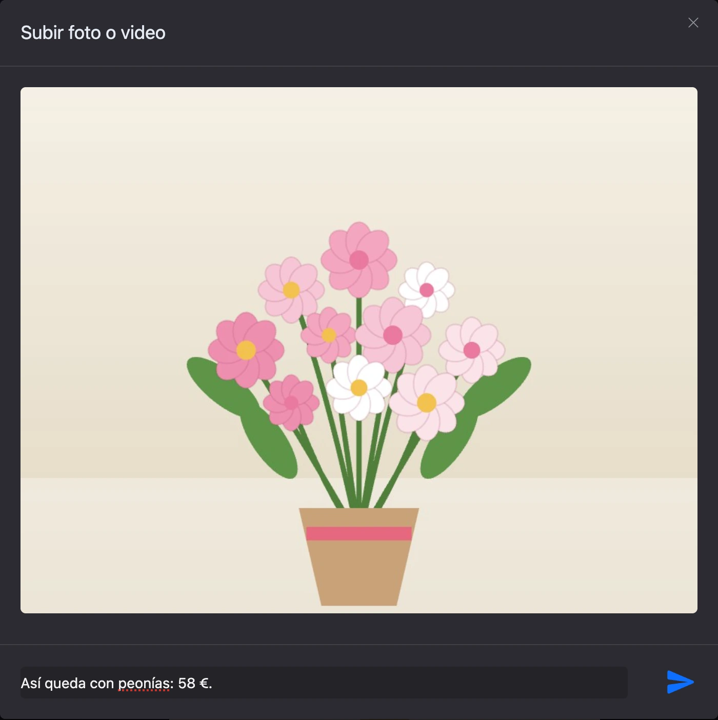 La ventana «Subir foto o video» con una imagen y una descripción rellenada