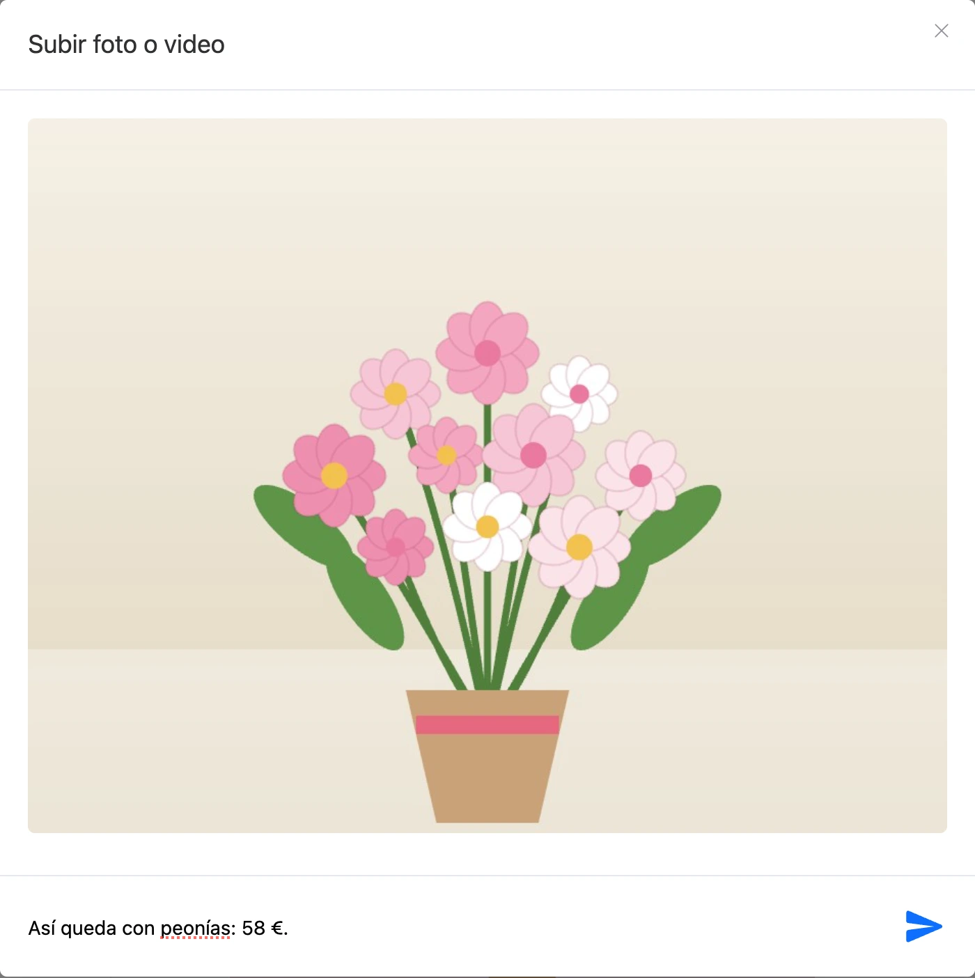 La ventana «Subir foto o video» con una imagen y una descripción rellenada