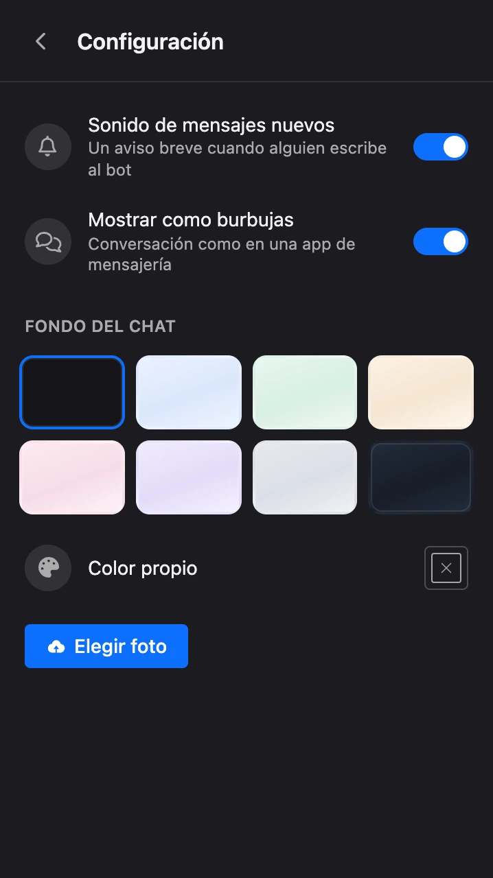Configuración de la sección: sonido, vista de la conversación y fondo