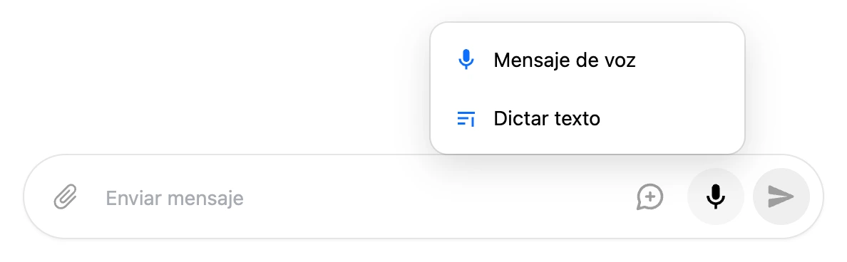 El menú del micrófono encima del campo de entrada: «Mensaje de voz» y «Dictar texto»