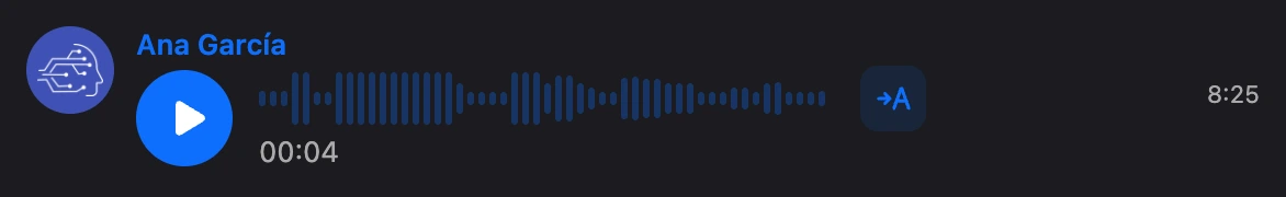 Un mensaje de voz enviado en la conversación con el botón «→A» a la derecha de la onda