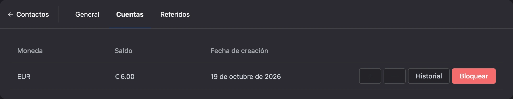 La pestaña «Cuentas»: la cuenta del contacto con su saldo y sus botones