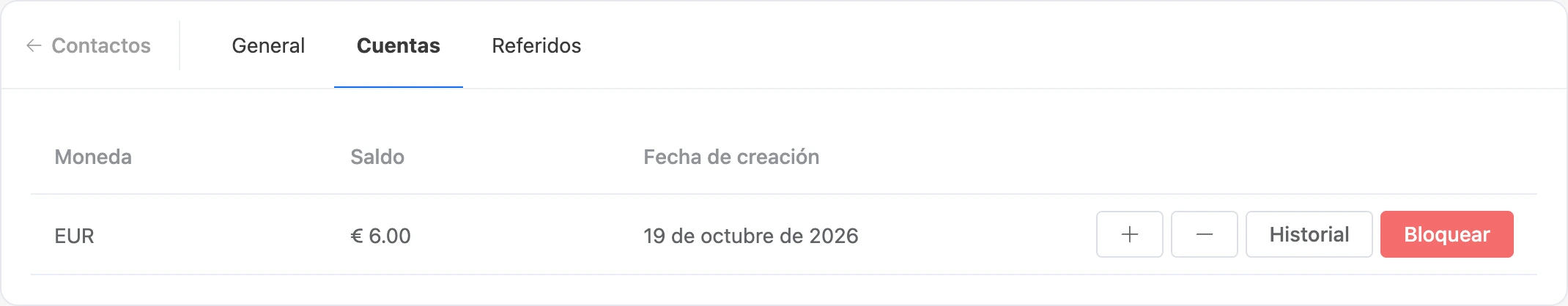 La pestaña «Cuentas»: la cuenta del contacto con su saldo y sus botones